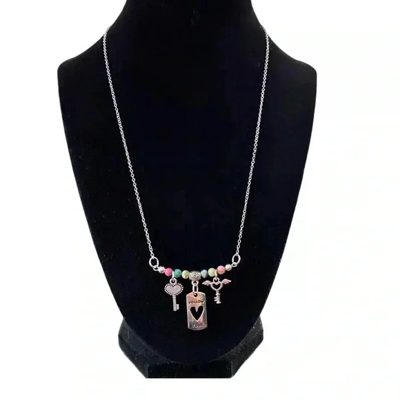 FOLLOW YOUR HEART Gemstone Beaded Silver Plate Chain Bar Charm Necklace 19” - Picture 1 of 6